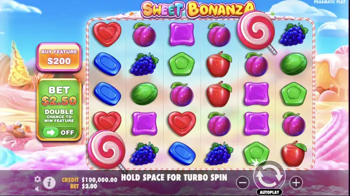 Gameplay Sweet Bonanza — cascade de symboles sur la grille 6x5